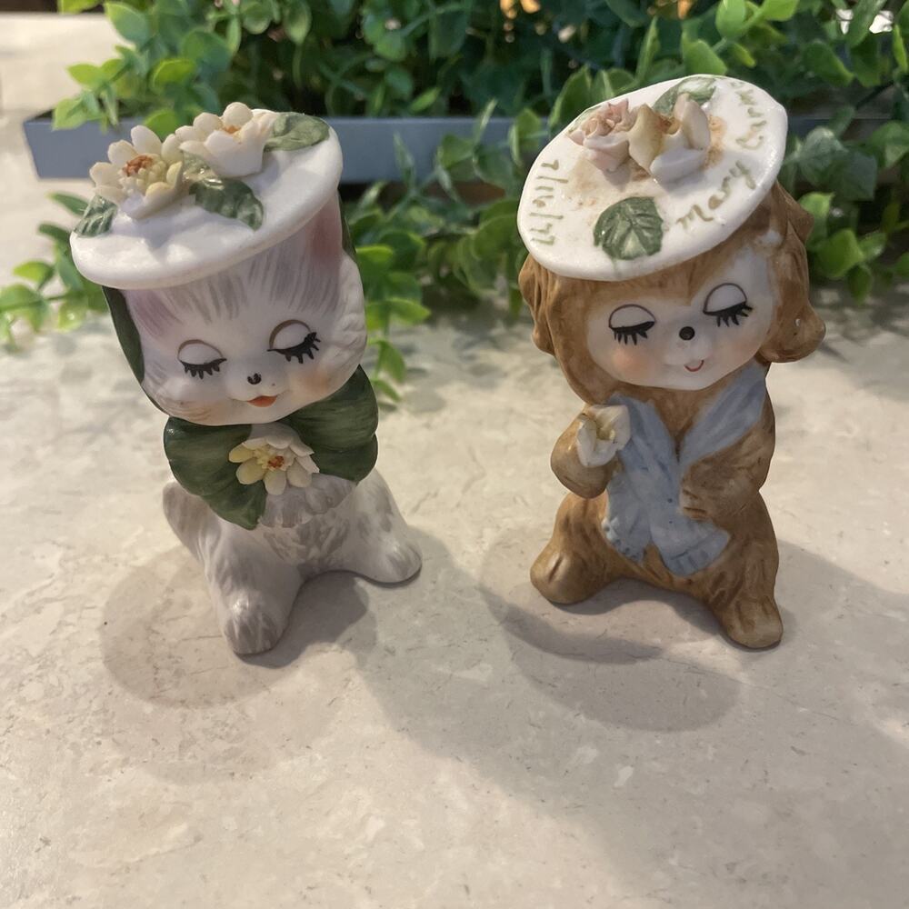 Vtg Napcoware Pretty Posies Puppy Dog & Kitty Cat Figures Figurines Porcelain 3”